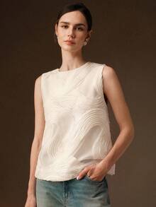 Anewsta Áo tank top nữ không tay cổ tròn, chất liệu vải 3D họa tiết, kiểu dáng thường ngày, thích hợp cho mùa xuân/hè, đa năng cho trang phục công sở. - Màu be - Xem 7