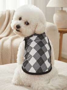 1 pieza Chaleco para mascotas a cuadros de diamante gris y blanco con estampado de estilo universitario, verano, transpirable, a prueba de insectos, protector solar - Multicolor - Ver 2