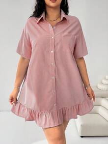 Solflare Plus Size Pink Sequin Striped Short Sleeve Ruffle Hem Splice Loose Casual 90s Cute Dress Summer Smart Back-To-School Vacation Commuting Daily - Redwood - View 4