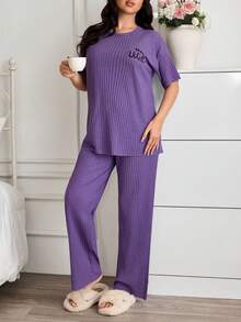 EURMUSE 100%Cotton 2Pcs Plus Cotton Slogan Printed Short Sleeve Shirt And Long Bottom PJ Set - Lilac Purple - View 5