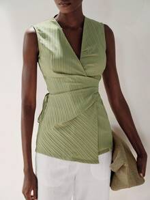 Aveloria Modichic 新款休闲条纹V领无袖背心，轻松假日风 - 青碧色 - 查看 6