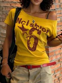 Women's Letter Print Fitted Regular Crew Neck Short Sleeve T-Shirt Jersey - Yellow - View 3