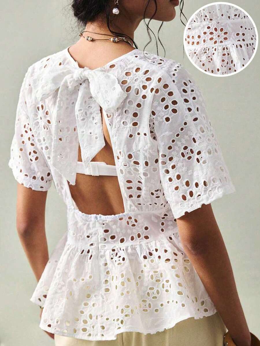 SoleilVie 女士波西米亚风度假休闲镂空露背蝴蝶结腰A字花瓣袖衬衫，春夏款 - 白色 - 查看 1