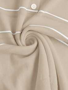 BizChic Women's Polo Collar Knit Top,Beige,Summer,Elegant And Classy,Everyday,Back-To-School,Business Casual Office Outfits,Versatile Retro Striped Blouses - Khaki - View 13