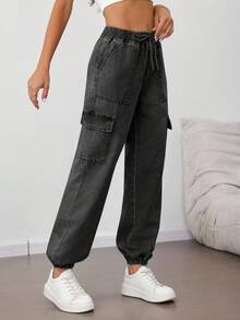 SHEIN Tall 女士抽绳口袋工装风松紧腰宽松休闲锥形裤 - 黑色 - 查看 6