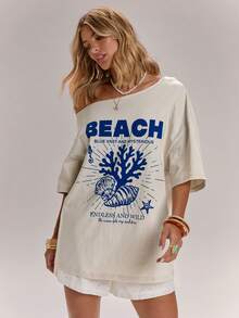 SHEIN BAE Women's White Summer Casual Sexy Graphic Beach Golf Holiday T-Shirt, Shell Print Loose-Fitting Top, Island Vacation, Italian Style Short Sleeve Tee - Apricot - View 5