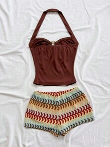Soleia Bộ đồ nữ gồm áo cổ yếm xếp ly màu trơn và quần short phối màu, kiểu dáng thường ngày. - Nhiều màu - Xem 2