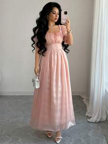 Selianne Women's Dusty Pink Summer Elegant Wedding Ninang Dress,Square Neck Tie Front Ruffle Hem Puff Sleeve Waist Fit Flare Elegant Fashion Retro High-End - Coral Pink - View 2