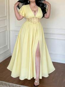 Vibekara Nuevo vestido de verano elegante con parches de encaje negro y cintura ceñida que reduce la edad - Amarillo - Ver 3