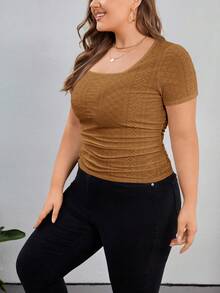 SHEIN Privé Camiseta de manga corta de unicolor y textura casual para talla grande, verano - Naranja - Ver 5