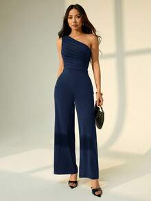 SHEIN PETITE Mono elegante de unicolor con fruncido, verano, para mujeres de talla pequeña - Azul Marino - Ver 7
