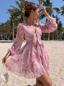 DAZY French Style Pink Floral V-Neck Long Sleeve Dress, Tie-Waist Chiffon A-Line Mini Skirt, Spring Sundress - Pink - View 2