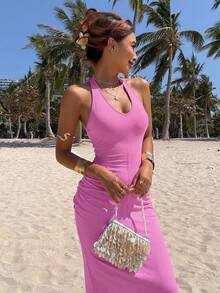 DAZY Women's V-Neck Bodycon Maxi Wrap Dress Summer Sundress - Red - View 8
