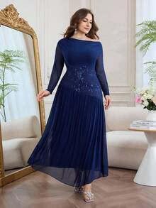 Modelyn Plus Size Women Floral Embroidery Off-Shoulder Long Sleeve Elegant Maxi Dress - Navy Blue - View 3