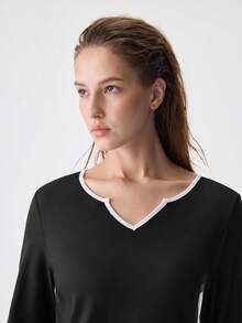 SHEIN Contrast Binding Notched Neckline Knot Front Lounge Set, Fall Winter Clothes, Cozy Outfit - Black - View 7