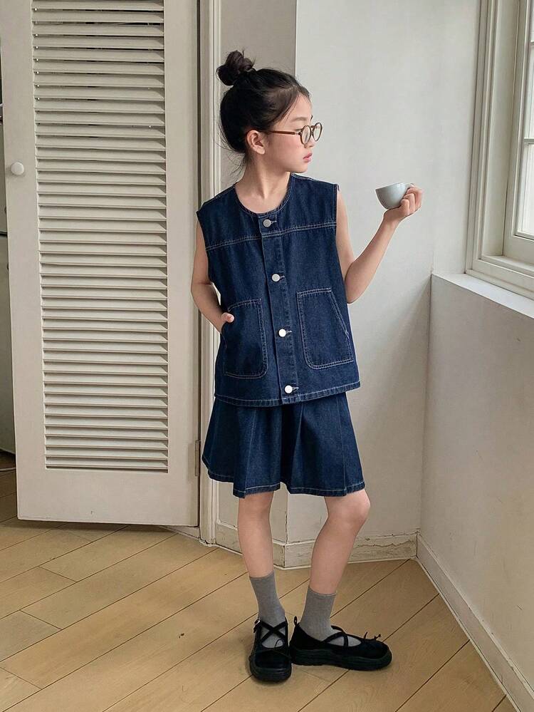 Tween Girls Denim Vest & Short Sleeve Top With Denim Skirt Set