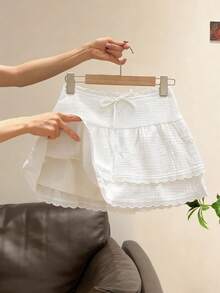 INAWLY Women's Lace Trim Tie Waist Textured Casual Mini Skirt - White - View 1