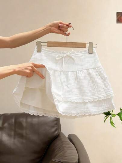 INAWLY Women's Lace Trim Tie Waist Textured Casual Mini Skirt