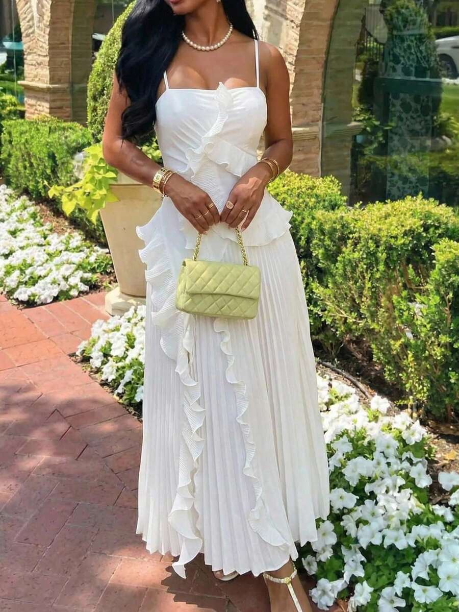 Slaydiva 早春新款、春夏音乐节、情人节、复活节、波西米亚风、游牧风、休闲简约风、邮轮派对、生日派对、日常约会、休闲度假、优雅通勤、吊带、无肩带、褶皱荷叶边、侧开衩至大腿的褶皱裙、白色连衣裙、女士长裙 -A