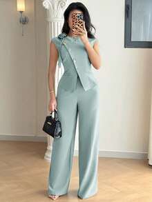 Modelyn Áo vest tay ngắn bất đối xứng dáng suông mới với họa tiết hoa 3D thủ công, kết hợp cùng quần ống rộng thanh lịch sang trọng dành cho công sở. - màu xanh lá - Xem 2