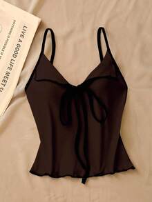 Franclia Camiseta de tirantes con lazo y volantes, elegante y ajustada, tops de verano para mujer, tops tipo bustier lindos para mujer, camiseta de mujer - Marrón - Ver 3