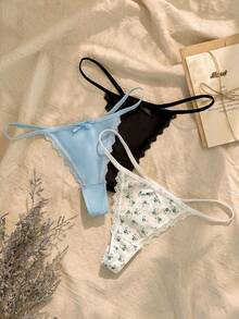 CottageSlumber 3pcs/Set Women's Lace Patchwork Floral Thong Panties - Multicolor - View 5