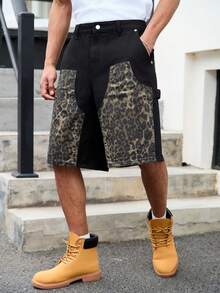 GALLERY FADE Spring/Summer Young Street-Style Washed Black Loose Straight Dual-Knee Leopard Print Denim Shorts - Black - View 6