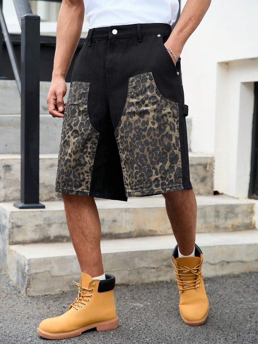 GALLERY FADE Spring/Summer Young Street-Style Washed Black Loose Straight Dual-Knee Leopard Print Denim Shorts - Black - View 1