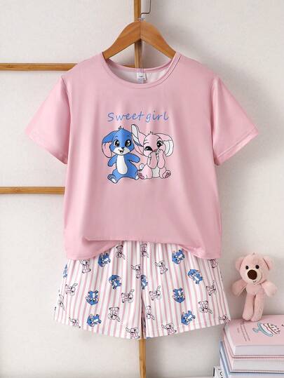 Bộ 2 món đồ ngủ cho bé gái tuổi teen, cổ tròn, tay ngắn, quần short, họa tiết thỏ hoạt hình sọc hồng, đồ mặc nhà thoải mái, mềm mại cho các hoạt động trong nhà mùa hè.