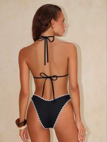 Swim Chiccia Summer Beach Golf Vacation White Contrast Floral Halter Triangle Top Regular Floral Bikini Bottom Swimwear Set Sexy - Black and White - View 3