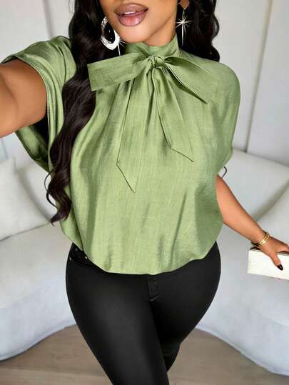 Brilight Women's Elegant Solid-Color Shirt, Suitable For Vacations, Commuting, Office Wear, Casual Business Occasions, Parties, And Dates. Features A Loose Fit, Bow Tie Detail, And Cotton-Linen Blend Fabric. Perfect For Spring And Summer.