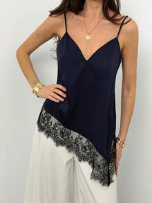 Camiseta de tirantes para mujer con estampado de lunares, dobladillo asimétrico y patchwork de encaje, estilo dulce y de moda - Azul marino - Ver 5