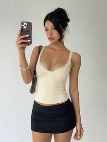 Aloruh Women's Burgundy Lace Patchwork Deep Sweetheart Neck Fitted Camisole - Beige - View 7