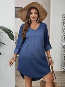EMERY ROSE Plus Size Women V-Neck Ruffle Sleeve High-Low Hem Casual Denim Dress - Medium Wash - View 5