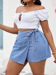 SHEIN SXY Plus Size Denim Shorts, Casual Fitted Patchwork Shorts, Blue Jorts - Light Wash - View 7