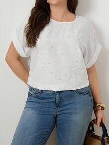 Zelara 大码女式珍珠装饰圆领蝙蝠袖短袖优雅上衣 - 白色 - 查看 5