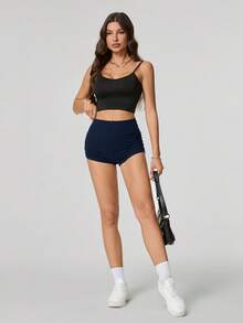 SHEIN Tall Ladies' Solid Color Ruched Biker Shorts, Summer Biking,Yoga Sports - Navy Blue - View 6