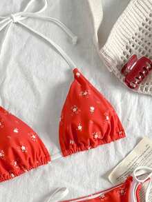 Swim Mod 甜美碎花系带女士比基尼泳衣 - 紅色 - 查看 4