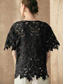 Arave Damen bestickte elegante Casual Urlaubs- & Pendler-Rundhals Kurzarm Bluse - Schwarz - Übersicht 7