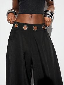 Aveloria GENKIRA Pantalones harem con volantes, decoración de cinturón metálico plateado de gran tamaño en los ojos, estilo de vanguardia mixto de uso casual, para ir al trabajo, fiesta - Negro - Ver 1