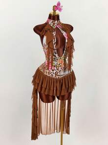 Amplova Women's Sexy Leopard Print Patchwork Ruffle Backless Midi Dress, Vacation Style - Brown - View 7