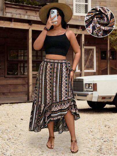 Breezaya Váy nữ cỡ lớn cạp cao, vạt lệch, buộc dây kiểu Bohemian, thích hợp mặc đi biển hoặc nghỉ mát.