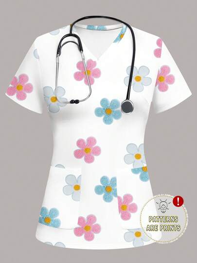 PopScrub Blusa de uniforme de verano con escote en V, manga corta y estampado floral para mujer
