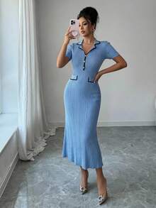 DAZY Women's Elegant Contrast Binding Lapel Collar Fitted Fishtail Hem Sweater Dress, Suitable For Work Commute - Blue - View 8