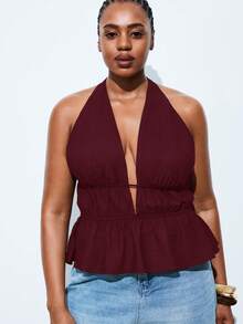 Maija Plus Size Women Solid Color Backless Halter Neck Top,Burgundy,Summer,Classy,Night Out Club Ruched V-Neck Camisole Spaghetti Strap Elegant Blouses - Burgundy - View 3