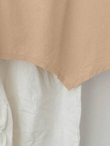 EMERY ROSE Plus Size Women's Cotton Linen Asymmetrical Hem Long Sleeve Blouse, Spring/Summer - Apricot - View 3