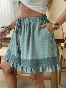 Ceyna Pantalones cortos de verano de talla grande para mujer, estilo vacacional, de pierna ancha, con parches de encaje calados, estilo bohemio casual y versátil, estilo campestre, de unicolor y tela texturizada, con cintura elástica, cordón con borlas y relajados para vacaciones - Azul Cadete - Ver 6