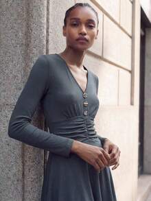 Maija Outfit Deas Of  Dress,Women's Solid Color V-Neck Long Sleeve Cinched Waist Ruched Mini Dress, Elegant Party Dresses For Women ,Work Outfits For Women - Dark Grey - View 6