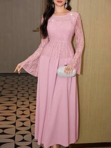 Modelyn Spring & Summer Pink Round Neck 3D Floral Lace Patchwork Flare Sleeve Dress, Elegant For Women - Pink - View 4
