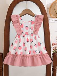 女宝宝夏季新款草莓印花撞色荷叶边蝴蝶结装饰可爱V领连衣裙 - 粉色 - 查看 6